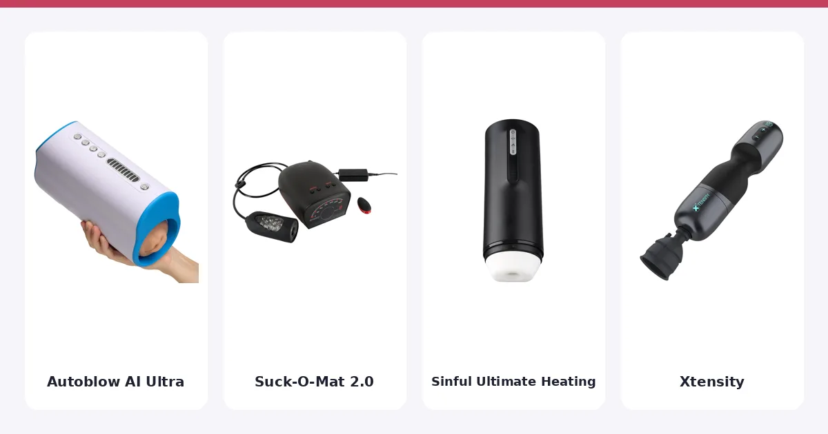 Fyra avsugningsmaskiner från rankningen sida vid sida: Autoblow AI Ultra, Suck-O-Mat 2.0, Sinful Ultimate Heating och Xtensity